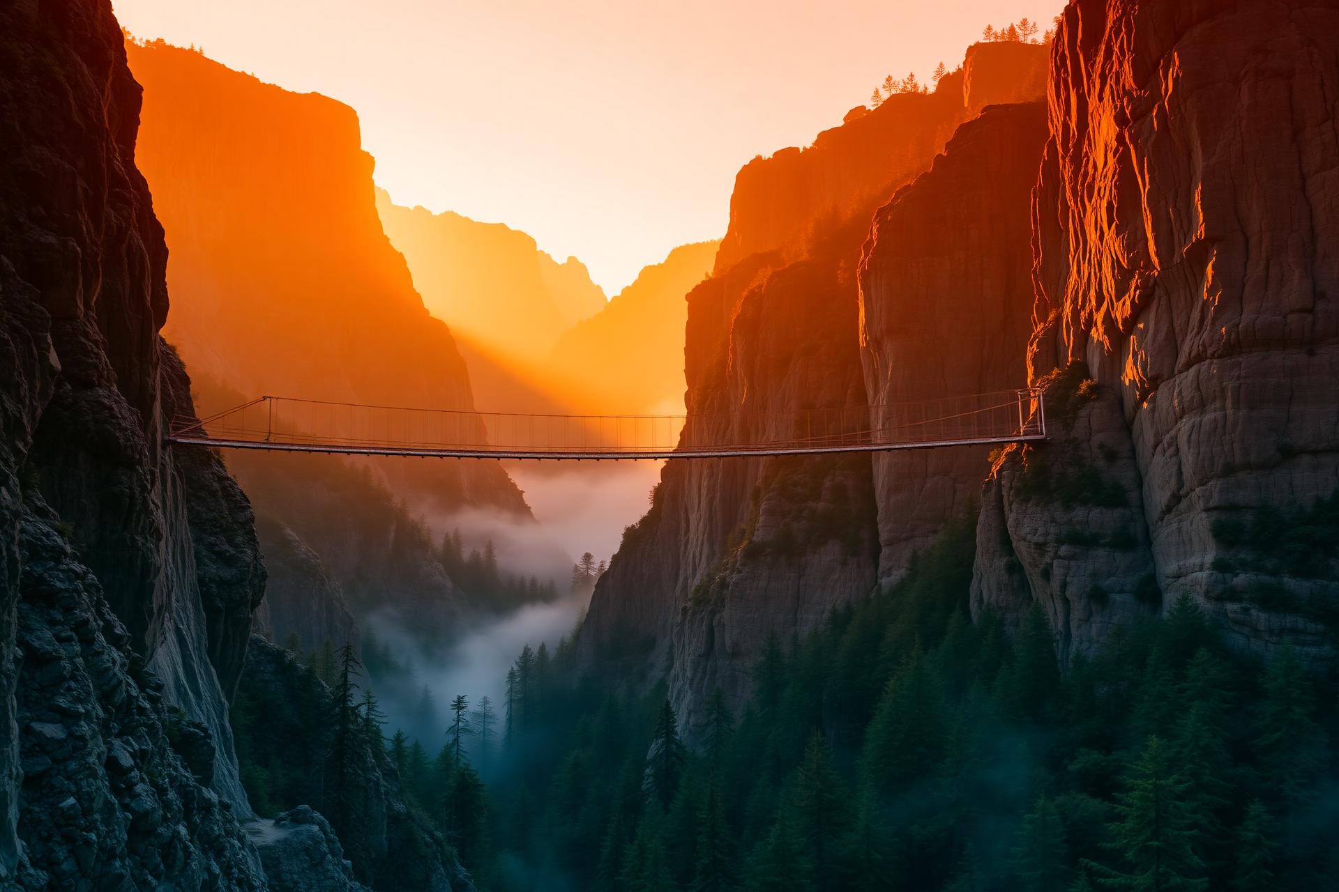 Suspension bridge across a mountain canyon at sunset